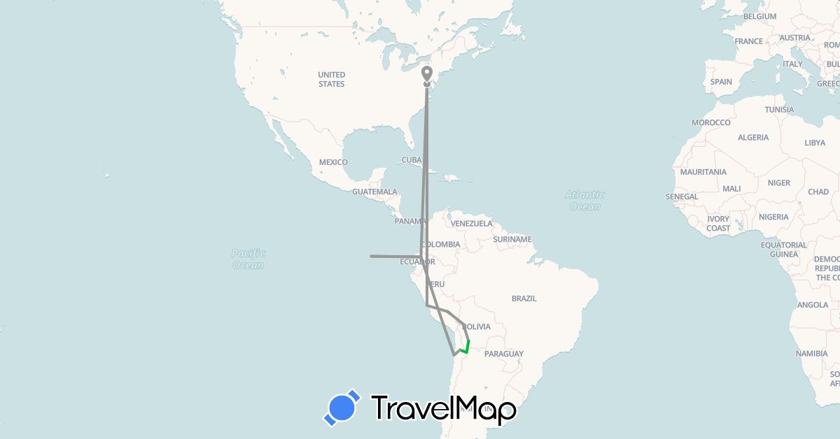 TravelMap itinerary: driving, bus, plane in Bolivia, Chile, Ecuador, Peru, United States (North America, South America)